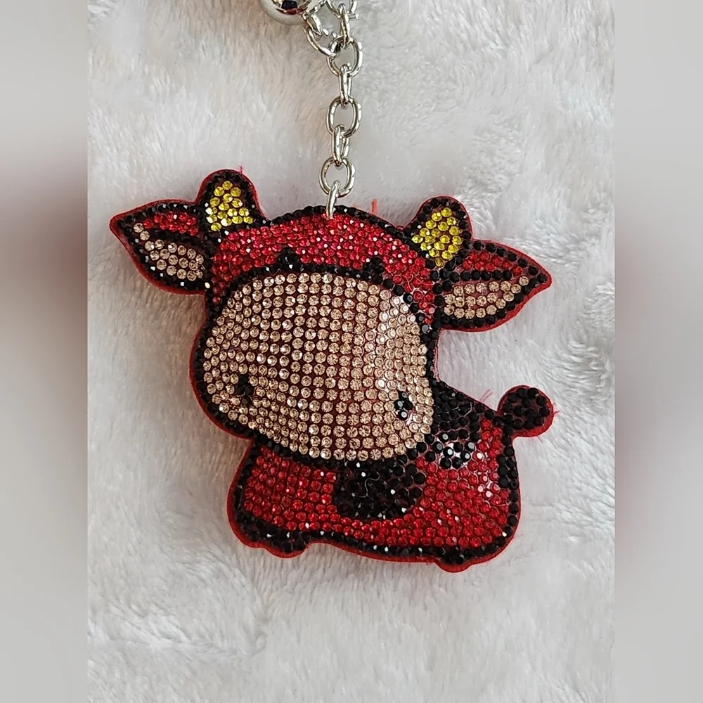 Cute Red Rhinestone Cow Keychain Bag Charm